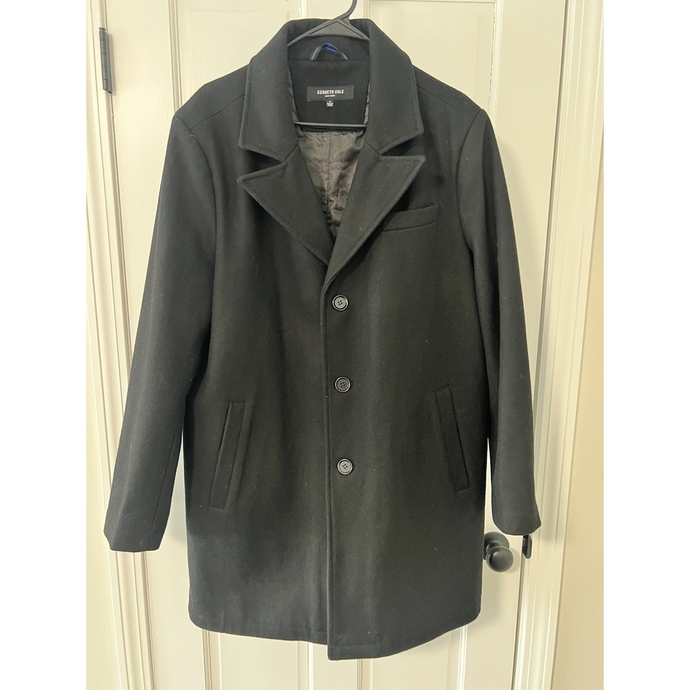 Kenneth Cole New York Mens Black Wool Blend Lined Pea Coat Large Heavy Winter